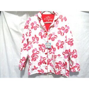 P.J. Salvage Size XS Pink & Red LIPS Long Sleeve Button Up Flannel Pajama Top